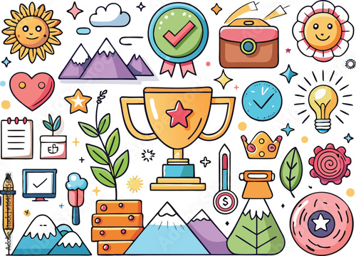 Success and Achievement Doodle Icons award trophy