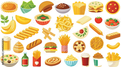 Variety of cartoon food and snacks tart salad