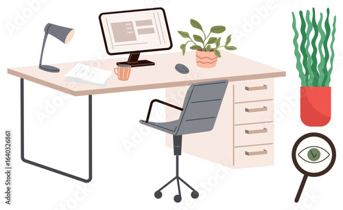 Modern desk with monitor, lamp, and papers, paired with an office chair, plants, and magnifying glass. Ideal for office setup, productivity, sustainability creativity remote work minimalism
