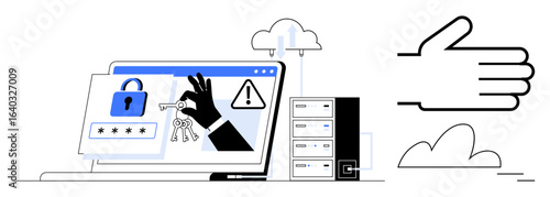 Laptop displaying lock, key, and warning signs beside server stacks and a cloud. Hand icon highlights unauthorized access. Ideal for cybersecurity, data protection, hacking, software, password