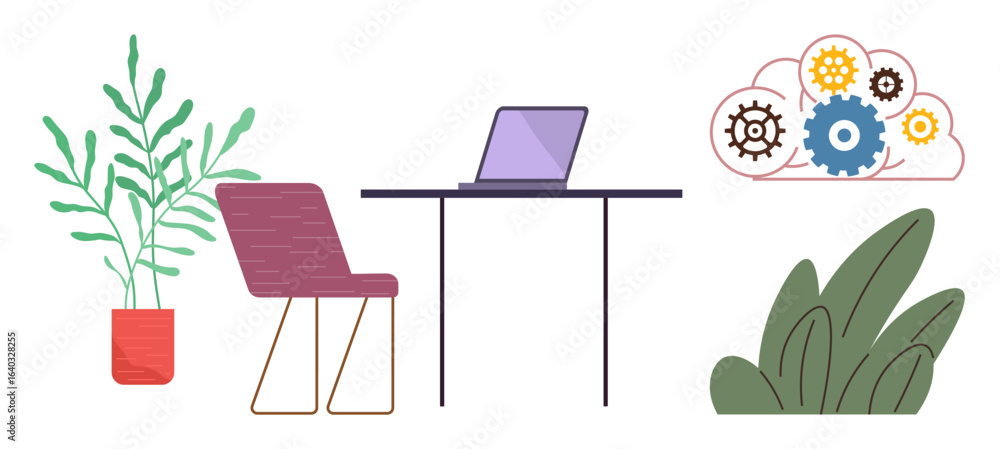 Fototapeta premium Laptop on desk with modern chair, potted plant and decorative foliage. Cloud with gears representing technology and collaboration. Ideal for productivity, efficiency, remote work, creativity, growth