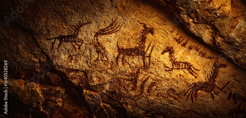 Cave art creation scene lit by flickering firelight showing abstract animal forms
