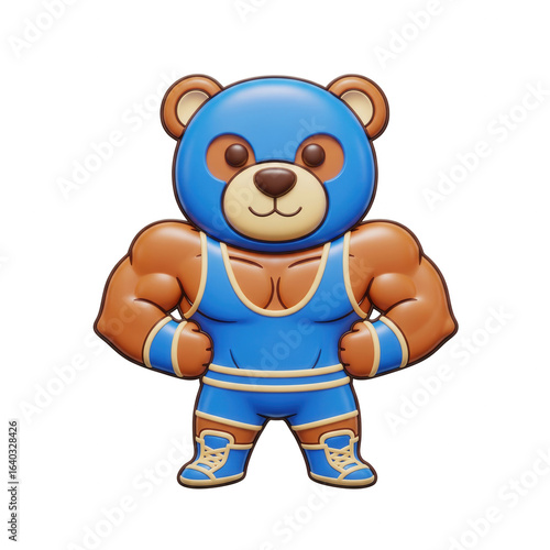Muscular Teddy Bear Cartoon Character In Wrestling Costume With Transparent Background