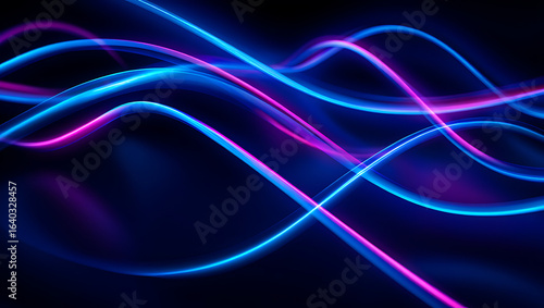 Abstract flowing neon light trails in vibrant blue and pink creating a dynamic and energetic wave pattern on a dark background
