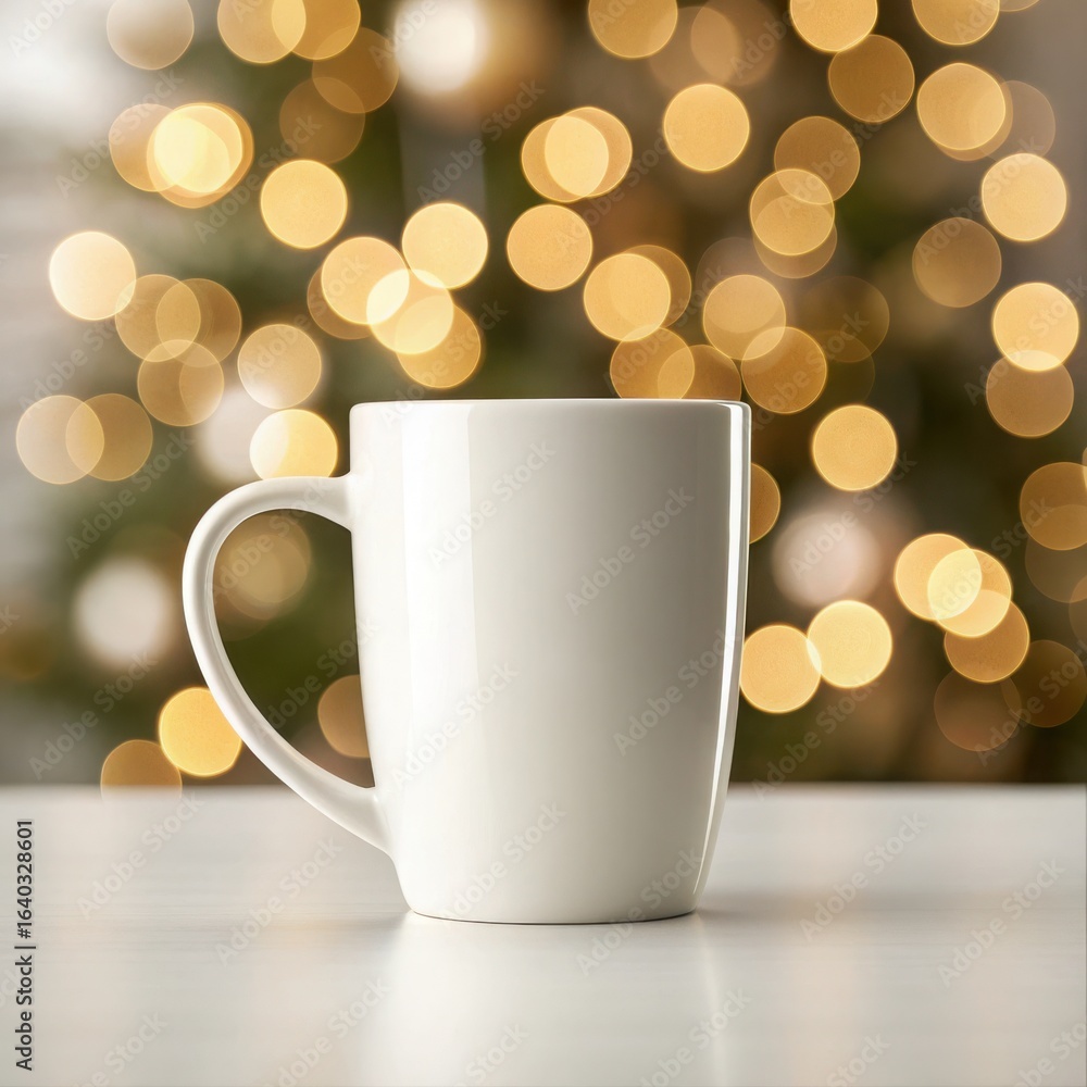 Obraz premium Mug mockup with festive bokeh lights background