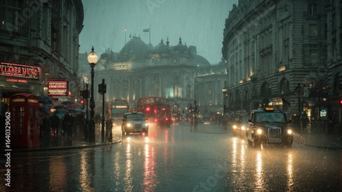Rainy London street scene showcasing Piccadilly Circus under atmospheric conditions