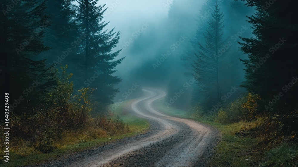 Fototapeta premium A misty, winding dirt road surrounded by tall trees creates a serene and mysterious atmosphere in a tranquil forest setting.