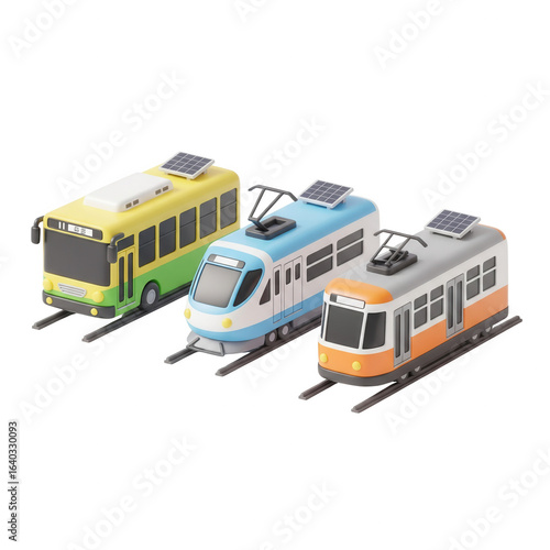 Transportation Of Three Environmentally Friendly Vehicles With Solar Panels In Transparent Background