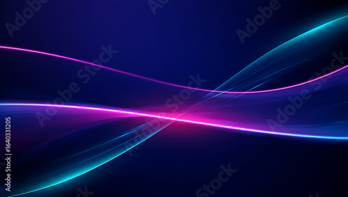 Abstract flowing neon light waves in vibrant pink and cyan against a dark blue background creating a futuristic energy effect