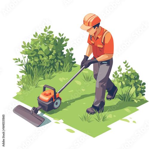 Isometric illustration of a maintenance worker trimming roadside grass with brush cutter cartoon, vector style simple color