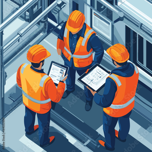 Team of industrial workers performing confined space entry inspection with safety equipment and supervisor monitoring data on tablet isometric, vector style simple color