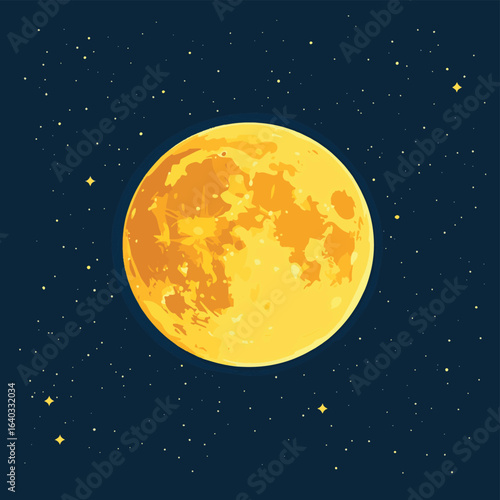 Full yellow moon in night starry sky. Vector cartoon flat illustration