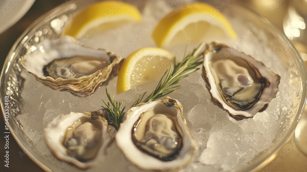 Fresh oysters on ice served with lemon wedges and rosemary, perfect for gourmet seafood lovers Fresh oysters on ice served with lemon wedges and rosemary, perfect for gourmet seafood lovers