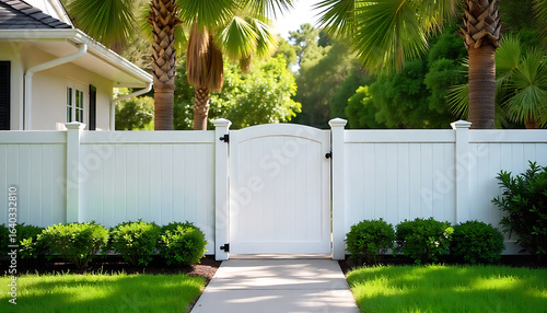 Clean white vinyl fence with gate borders tranquil residential yard in sunny Florida, created with generative ai