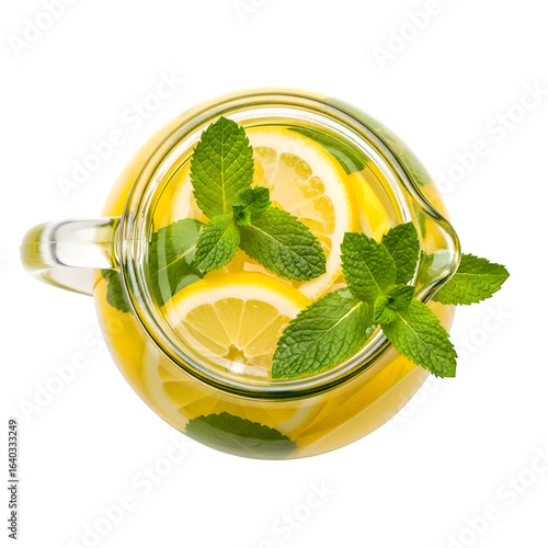 Refreshing homemade lemonade with lemon slices and mint leaves in a glass jug isolated on transparent background