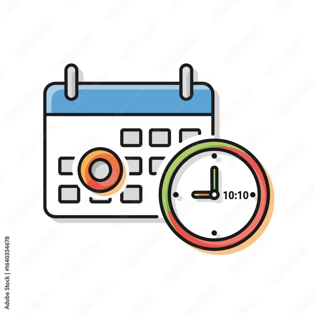 A calendar icon with a clock showing 10:10 depicts scheduling, appointments, reminders, and time management in a simple, colorful doodle style. A calendar icon with a clock showing 10:10 depicts scheduling, appointments, reminders, and time management in a simple, colorful doodle style.