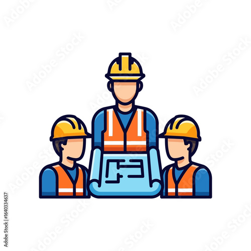 Construction team with foreman reviewing blueprints, wearing hard hats and safety vests, symbolizing teamwork and project planning.