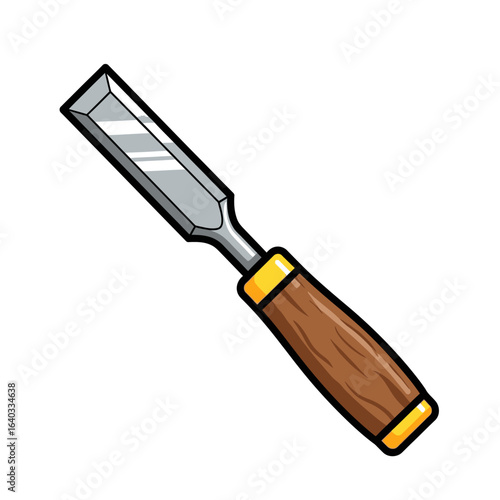 Cartoon illustration of a wood chisel with a brown wooden handle and a sharp metal blade, isolated on a clean white background, perfect for woodworking projects.