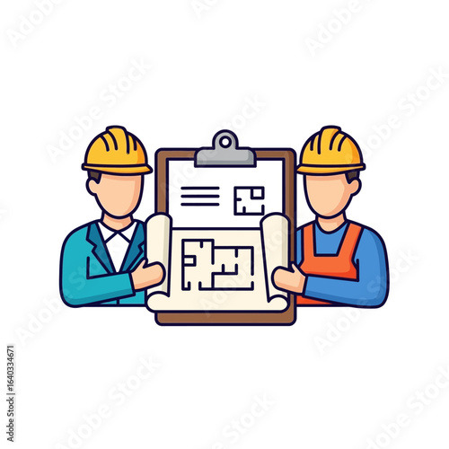 Two construction engineers review blueprints together for a new building project, collaborating on design plans and specifications for optimal results.