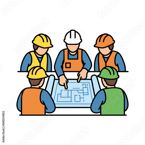 A team of construction workers in safety vests and hard hats collaborate, reviewing blueprints and plans for a new building project, discussing details.