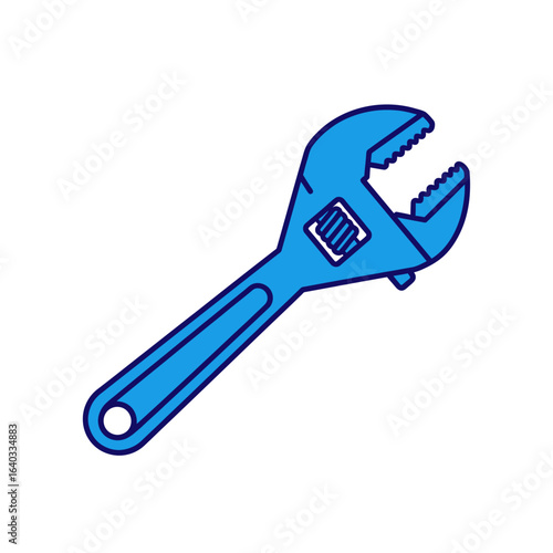 A blue adjustable wrench illustration, depicted with a flat design and clean lines, perfect for representing tools and hardware on a white backdrop.
