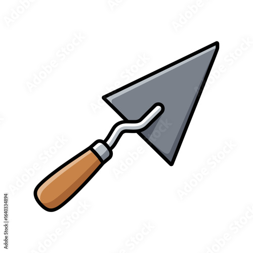 A simple cartoon illustration of a pointing trowel with a wooden handle and metal blade, isolated on a clean white background.