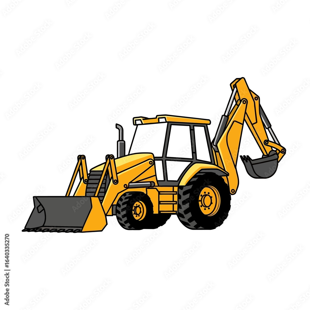 Naklejka premium Illustration of a yellow backhoe loader on a white background, showcasing heavy equipment machinery used in construction and excavation work, perfect for design.