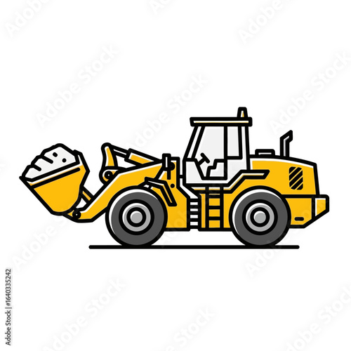 A yellow wheel loader, a powerful construction vehicle, is shown in profile view carrying a load of material in its bucket, ready for work on a construction site or industrial project.