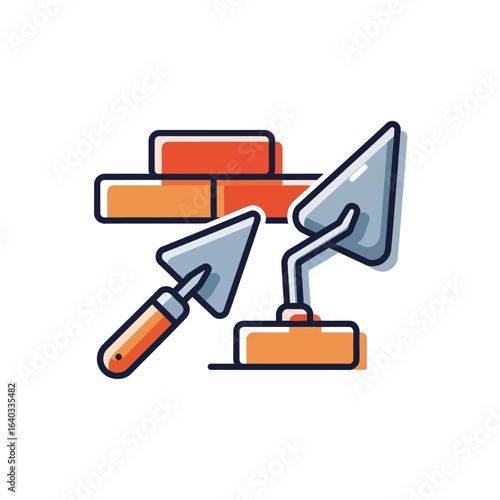 A cheerful illustration of bricklaying tools, including bricks, trowels, and mortar, perfect for construction or DIY projects, adding a touch of playfulness to your designs.