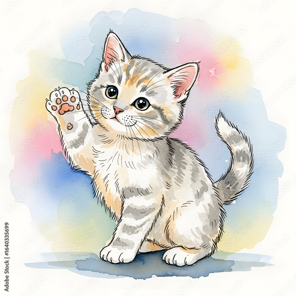 Obraz premium watercolor kitten, fur blending with pastel washes.