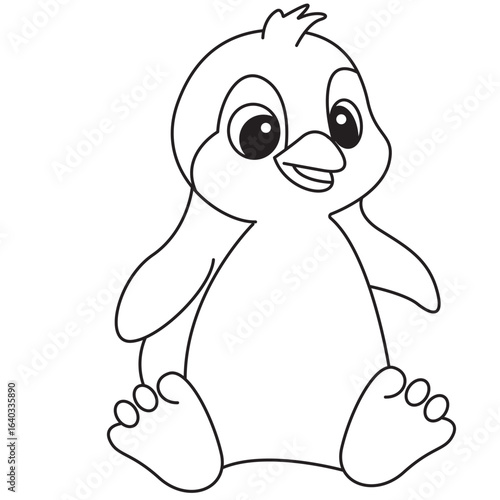 Smiling penguin cartoon sitting with flippers forward, designed for kids coloring pages, educational fun, and playful printable worksheets.