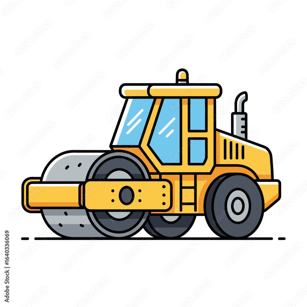 Naklejka premium A vibrant yellow road roller, a powerful heavy construction vehicle, is presented in a clean, modern cartoon illustration style, isolated on white.