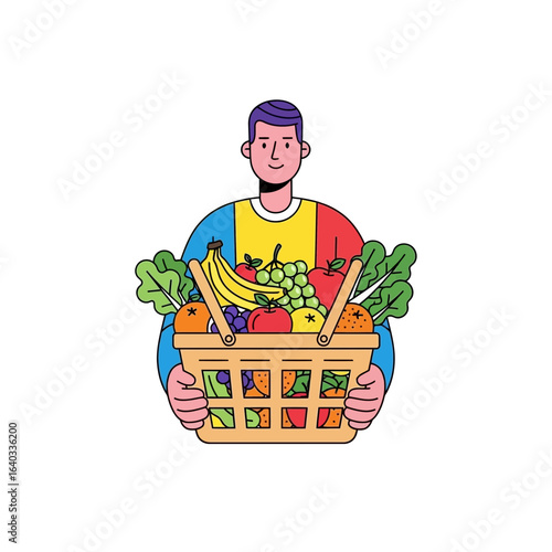 Cartoon Man Holding Basket Full of Colorful Fruits and Vegetables.