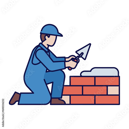 An illustration of a construction worker laying bricks with a trowel, showcasing the building process and highlighting the skilled labor involved in masonry.