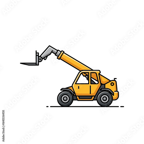 Illustration of a yellow telescopic handler on a white background, showcasing its extended arm and forks, a symbol of construction and industrial machinery.