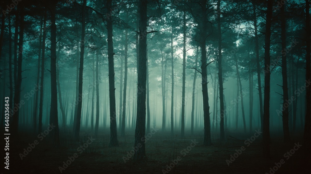Obraz premium A misty forest at dusk, tall pines shrouded in fog, evoking a sense of mystery and quiet solitude.