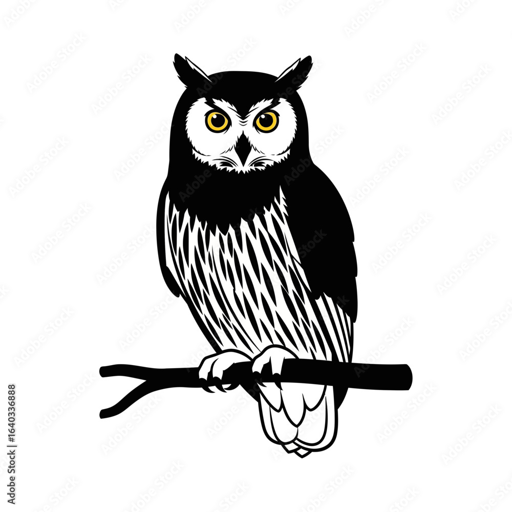 Fototapeta premium Stylized black and white owl with bright yellow eyes perched on a branch.