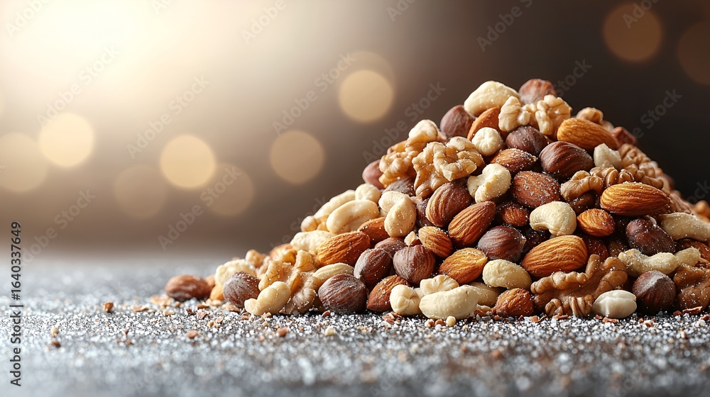 Fototapeta premium Mixed nuts pile on dark surface with bokeh background.