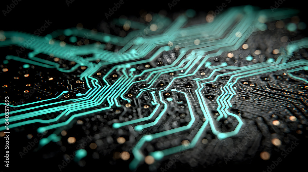 Fototapeta premium Close-up of a teal circuit board with intricate pathways.