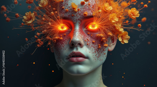 Wallpaper Mural Artistic surreal interpretation of burning skin with vibrant flowers and glowing eyes, evoking intense emotions Torontodigital.ca