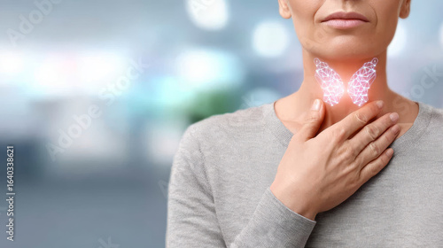 Thyroid gland concept ,detailed close up of thyroid representation on woman neck, showcasing health awareness and anatomy