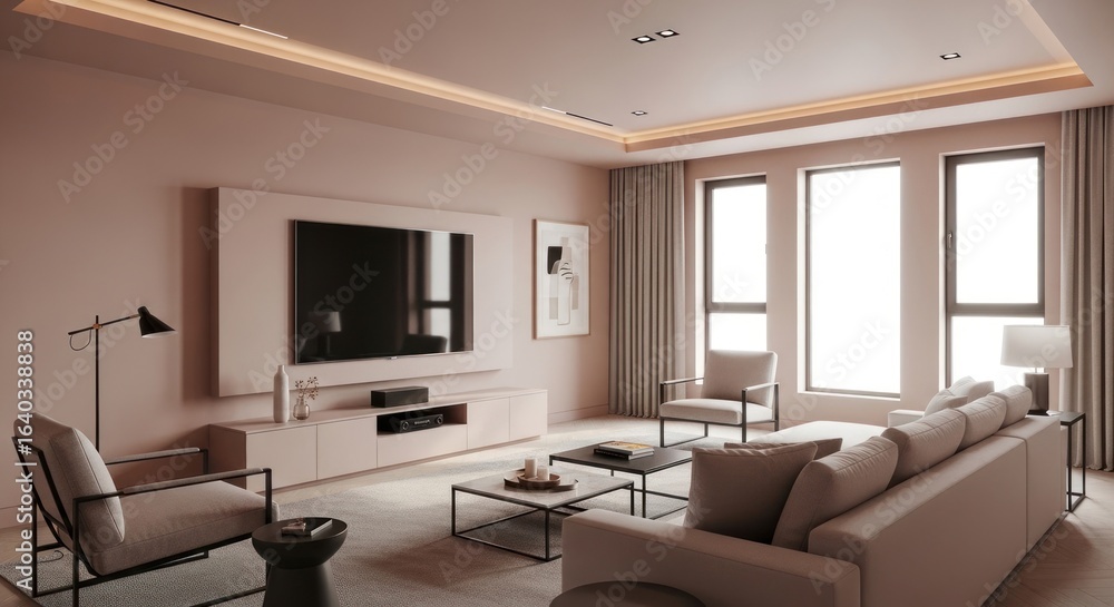 Fototapeta premium Experience serene relaxation in this luxurious living room interior design, perfect for showcasing modern home decor, elegant furniture, and sophisticated interior design trends