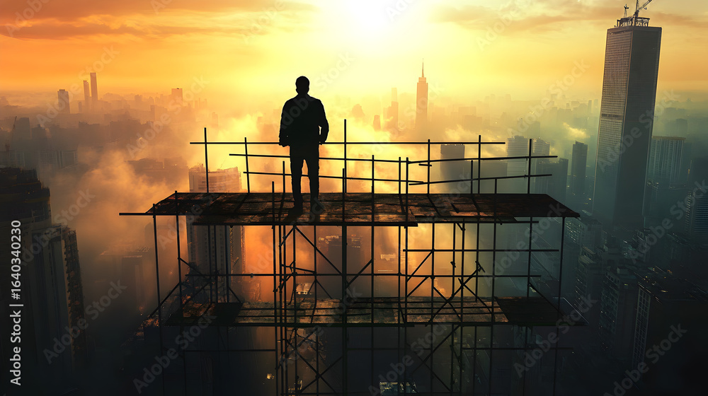 Fototapeta premium Silhouette of man standing on scaffolding overlooking cityscape at sunset with orange sky