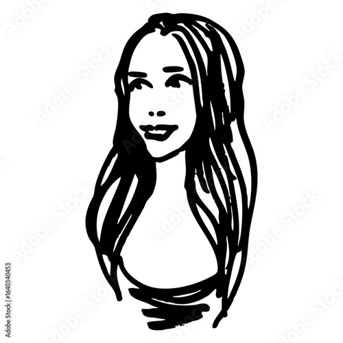 Smiling girl with long loose hair. Female portrait. Pretty woman. Hand drawn linear doodle rough sketch. Black and white silhouette.
