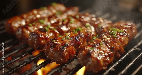 grilled beef satay sprinkled with sesame seeds