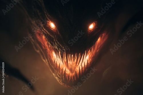 Generative AI. Dark fantasy creature with glowing eyes and sharp teeth emerges from shadows, showcasing menacing features and an ominous atmosphere, representing fear and power in visual storytelling