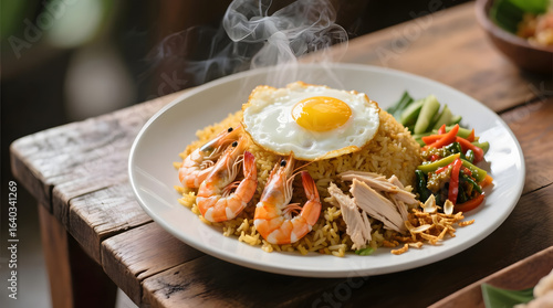 Steaming Indonesian Nasi Goreng on Wooden Table