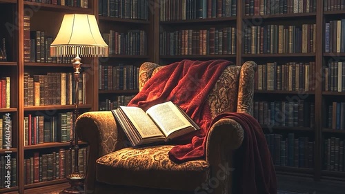 Cozy Armchair Surrounded by Books in Warm Library Setting Closeup