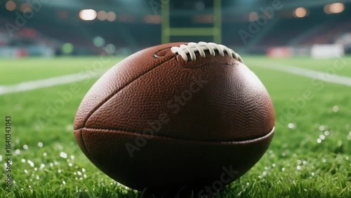 Close-Up of American Football on Green Grass Field in Stadium