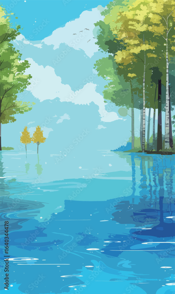 Obraz premium A painting of a lake with trees and clouds in the background. The trees are orange and the sky is blue